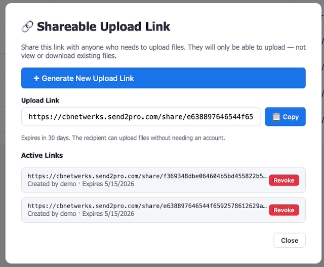 Send2Pro Active Share Links